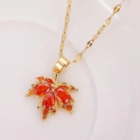 Orange Crystal Maple Leaf Gold Toned Necklace - Picture 4 of 5